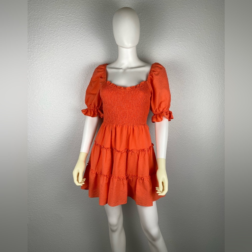 B. Darlin puff-sleeve smocked babydoll  tiered mini dress women's size 1/2